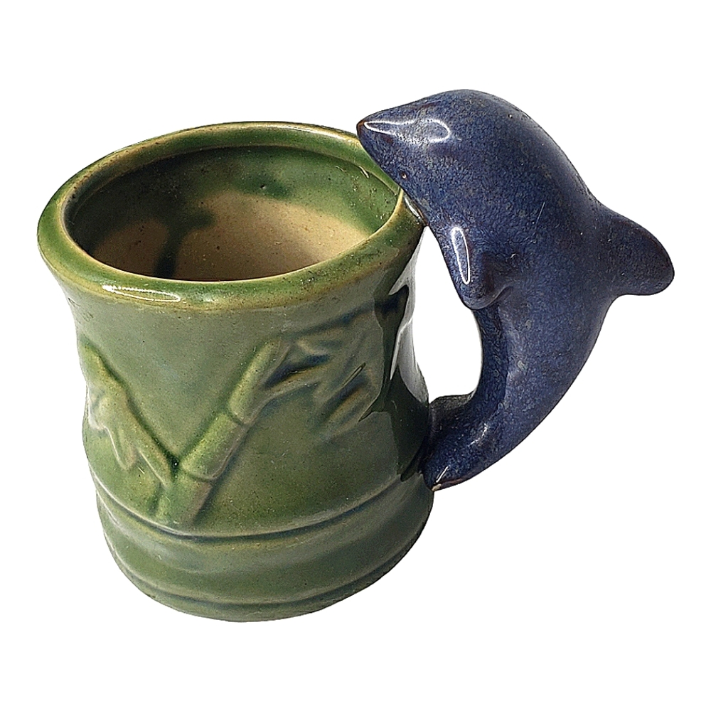 Mid Century Modern Glazed Ceramic Mini Dolphin Handle Planter Cup Trinket Stache